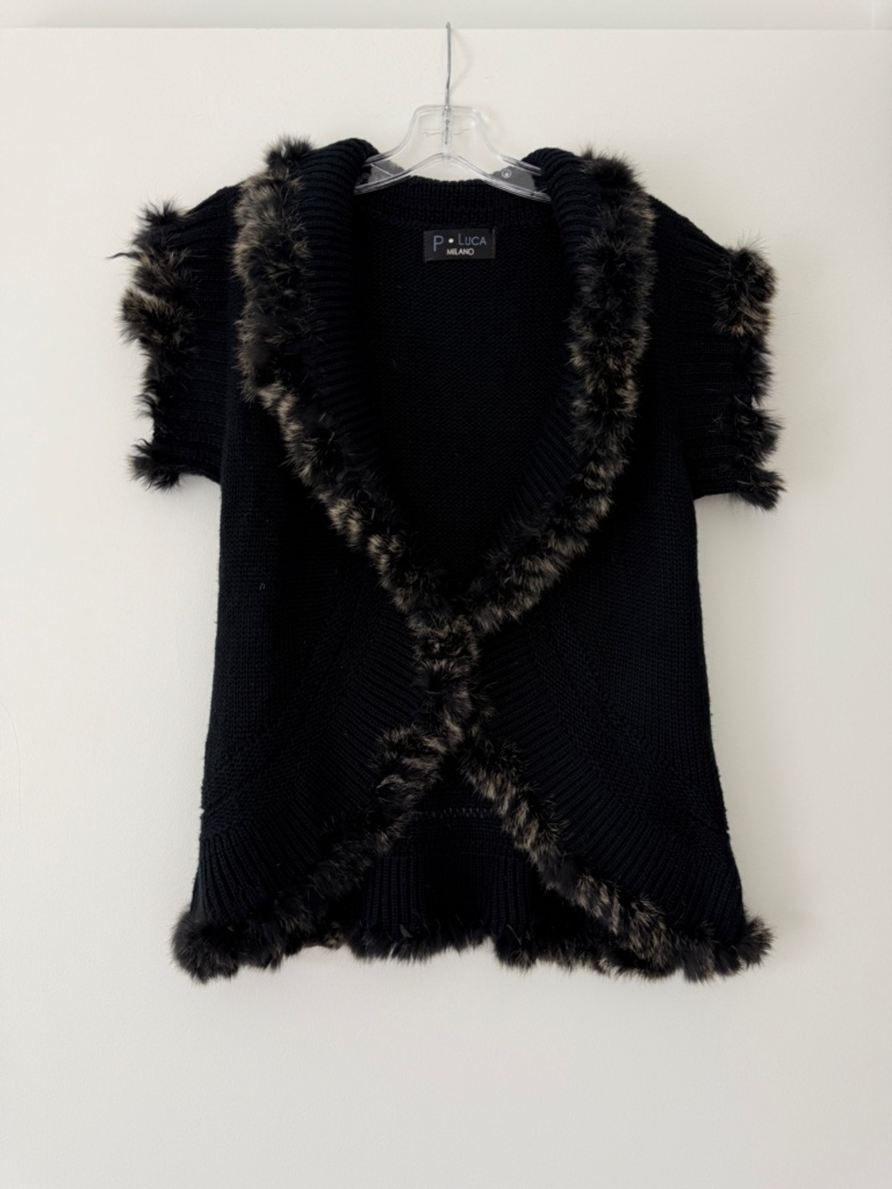 P Luca black knit vest & rabbit trim - XS